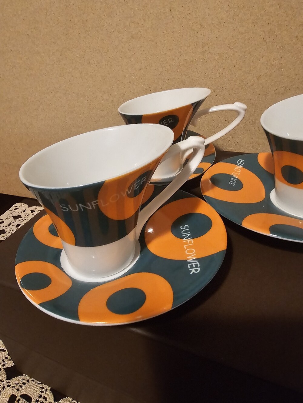 Orange and Dark Teal Patterned Teacup & Saucer Set